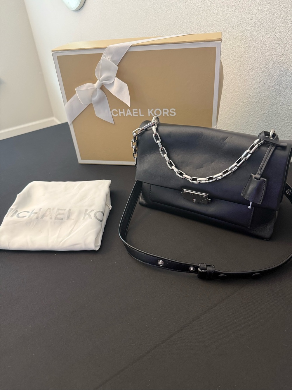 Michael Kors Black Leather Shoulder Bag with Silver Chain